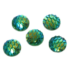 12mm MERMAID FISH Scale Cabochons, Round Resin Metallic, Green AB iridescent,  10 pieces, 1/2,  cab0498a