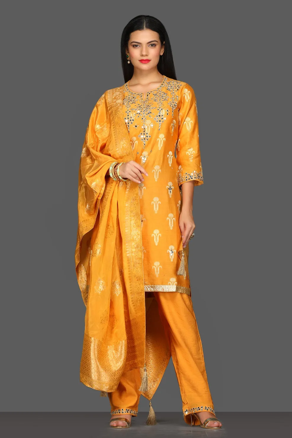 50Z090-RO Mustard Embroidered Suit with Pants and Dupatta