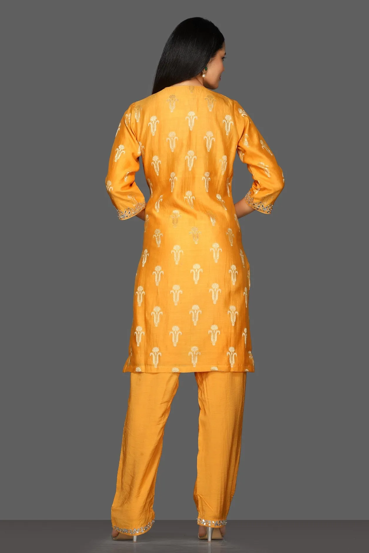 50Z090-RO Mustard Embroidered Suit with Pants and Dupatta