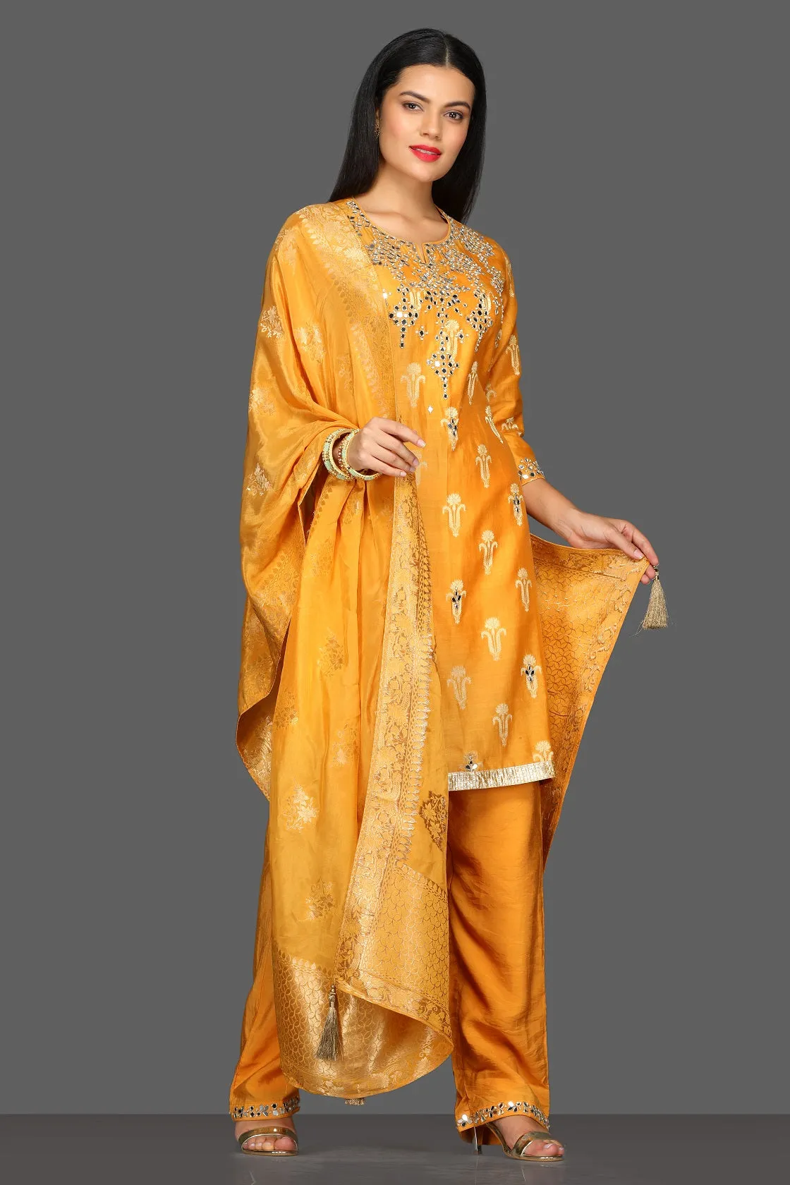 50Z090-RO Mustard Embroidered Suit with Pants and Dupatta