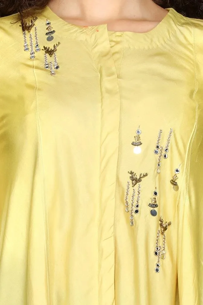 50Z096-RO Yellow Embroidered Asymmetric Kurta with Brown Pants