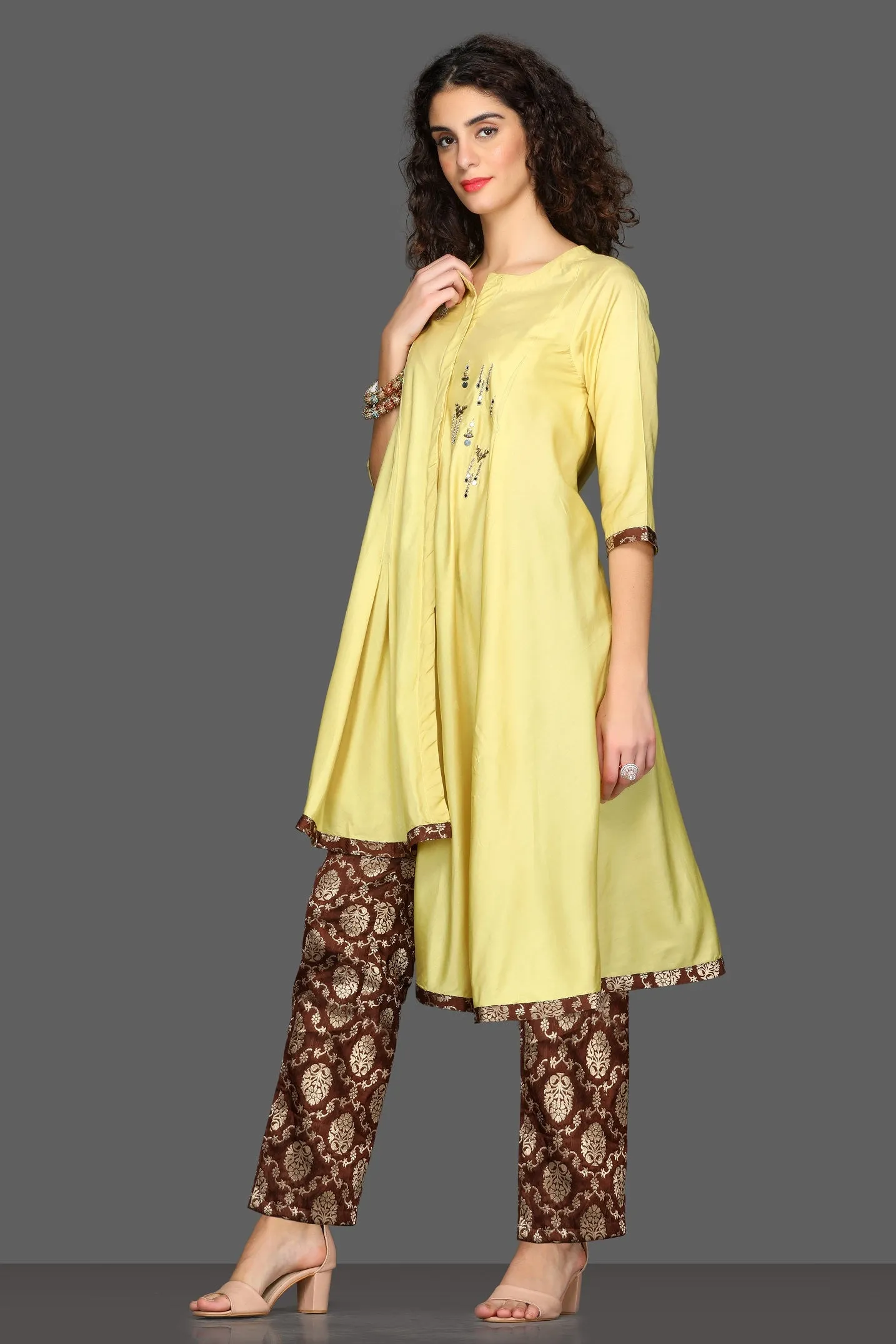 50Z096-RO Yellow Embroidered Asymmetric Kurta with Brown Pants