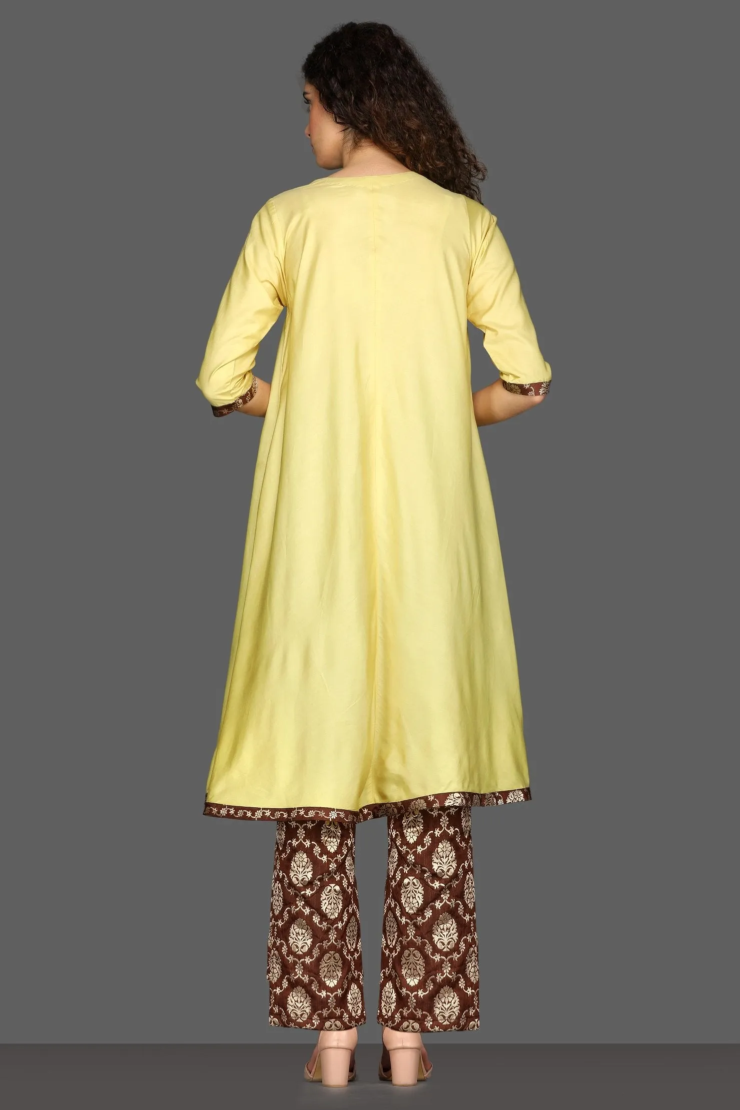 50Z096-RO Yellow Embroidered Asymmetric Kurta with Brown Pants