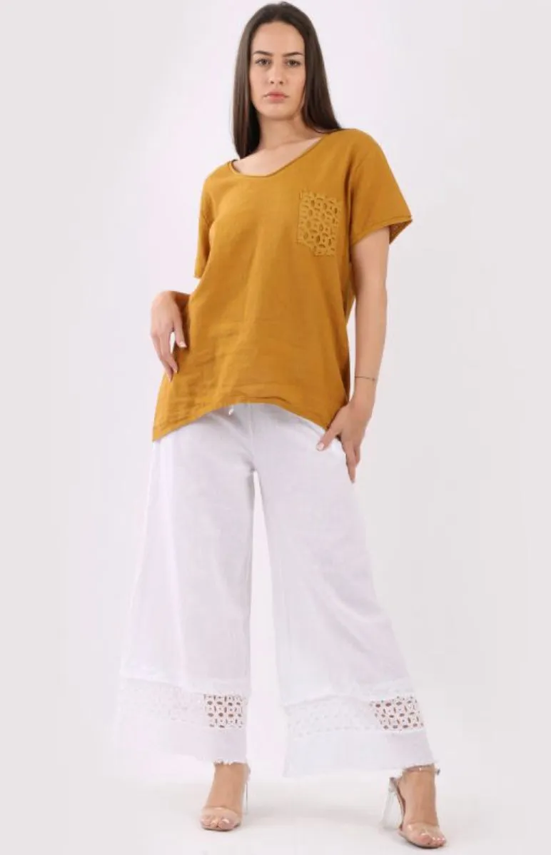 Anne   Kate Button Plain Linen Crochet Wide Leg Pant