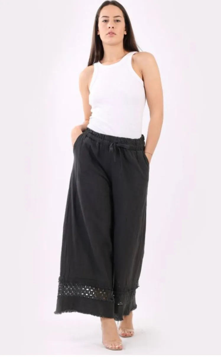 Anne   Kate Button Plain Linen Crochet Wide Leg Pant