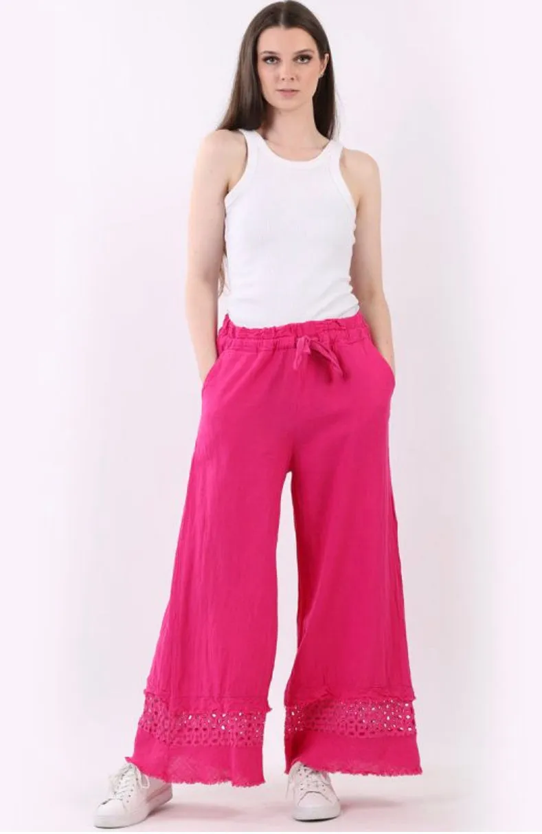 Anne   Kate Button Plain Linen Crochet Wide Leg Pant