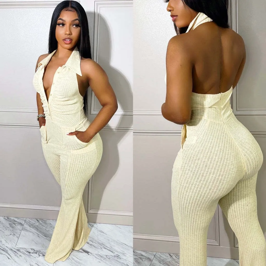 Backless Halter Strap Lapel Knit Jumpsuit