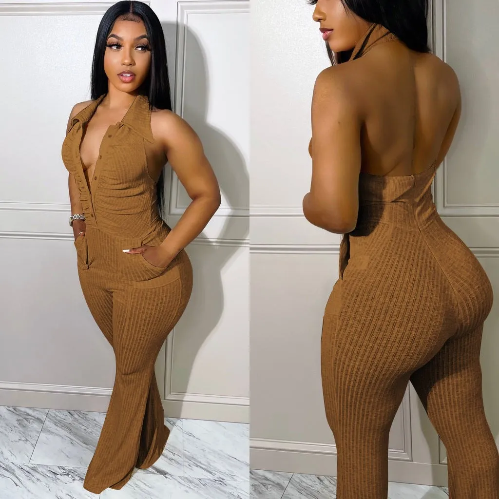 Backless Halter Strap Lapel Knit Jumpsuit