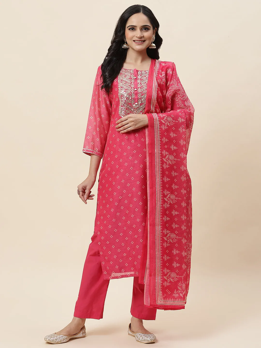 Bandhani Printed Chanderi Kurta With Pants & Dupatta