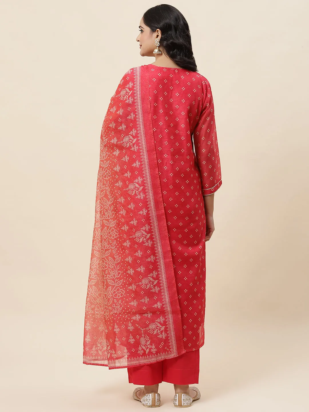 Bandhani Printed Chanderi Kurta With Pants & Dupatta