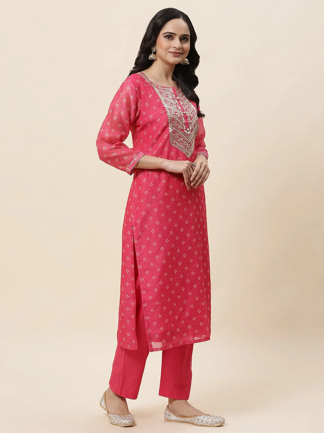 Bandhani Printed Chanderi Kurta With Pants & Dupatta