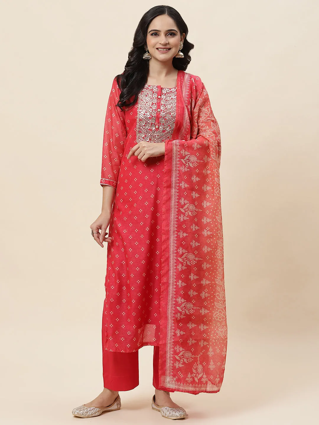 Bandhani Printed Chanderi Kurta With Pants & Dupatta