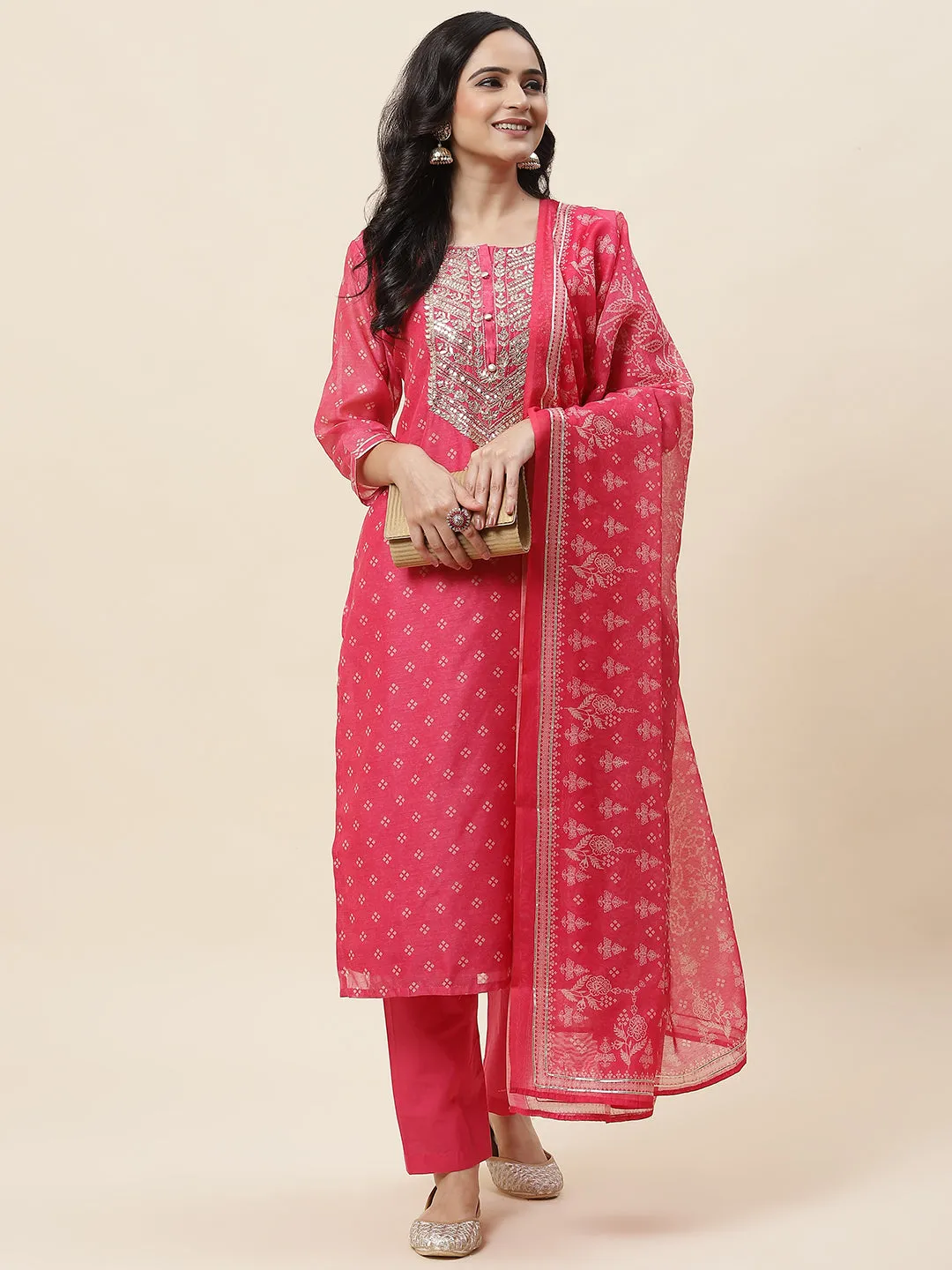 Bandhani Printed Chanderi Kurta With Pants & Dupatta