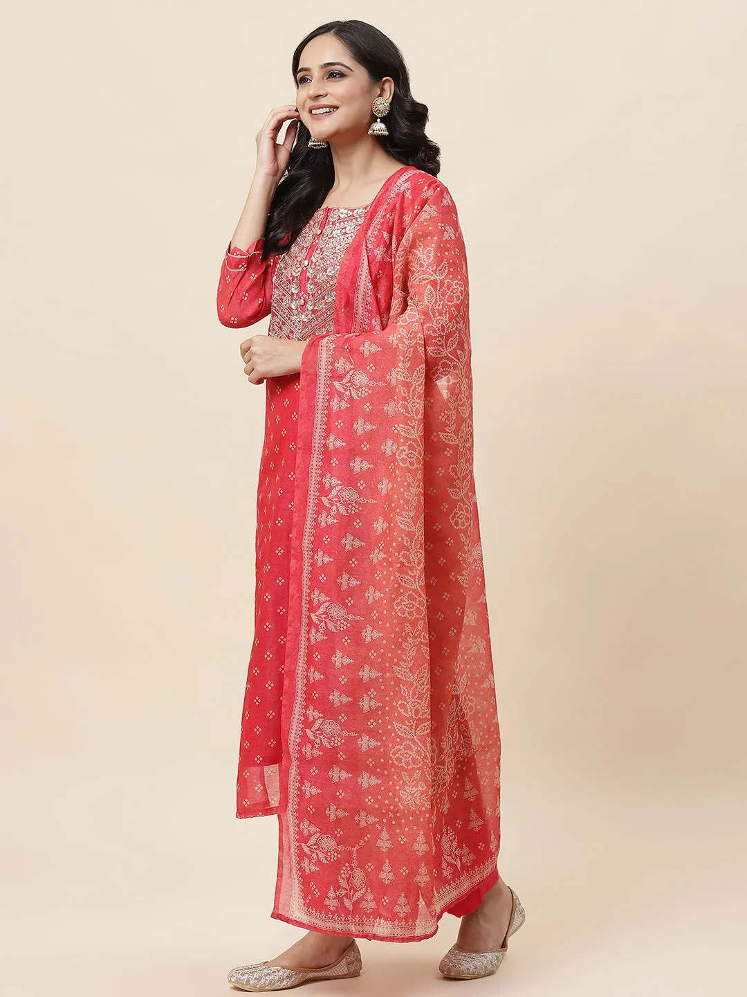 Bandhani Printed Chanderi Kurta With Pants & Dupatta