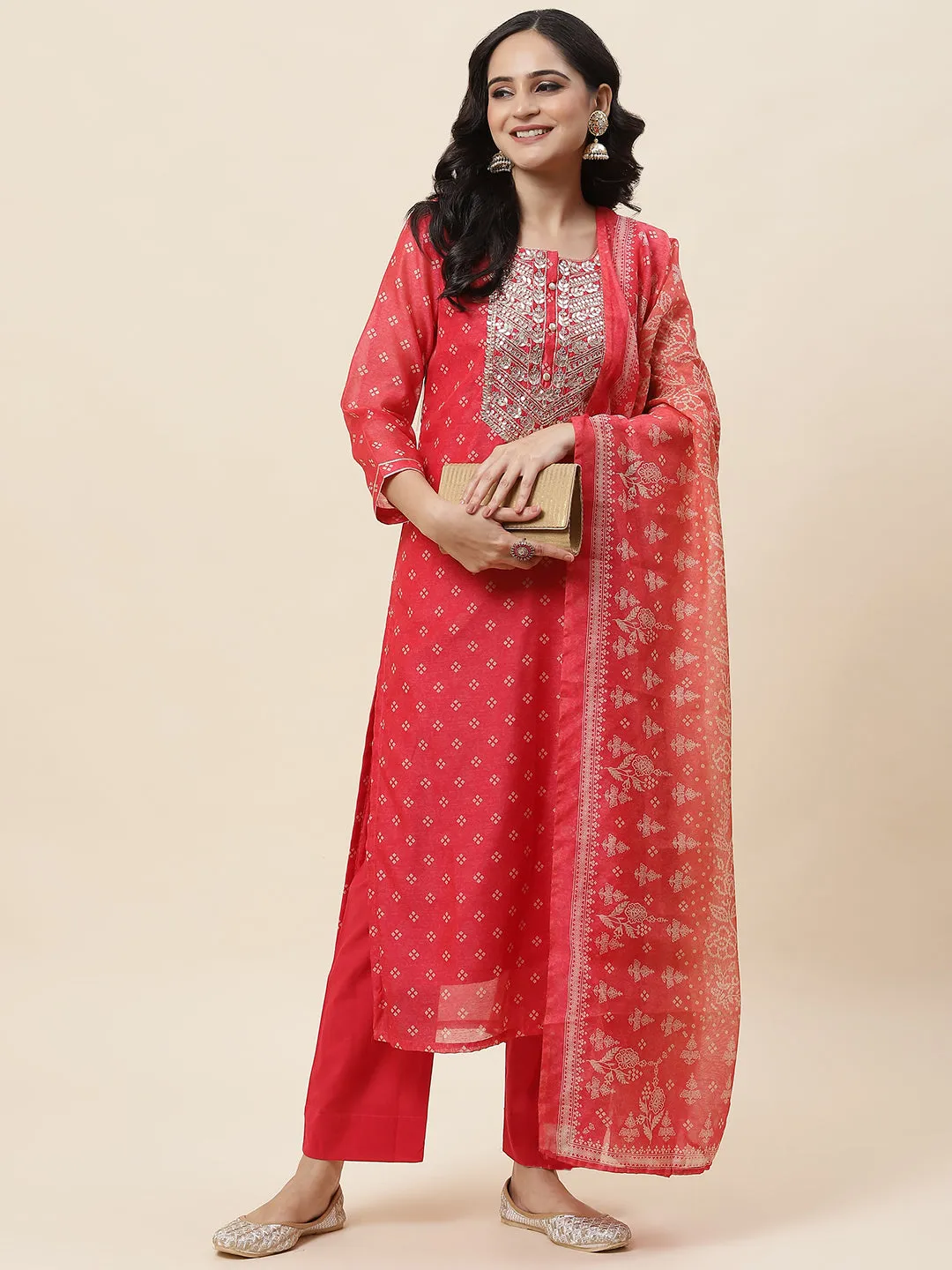 Bandhani Printed Chanderi Kurta With Pants & Dupatta