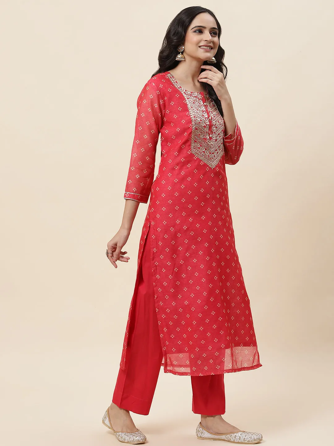 Bandhani Printed Chanderi Kurta With Pants & Dupatta