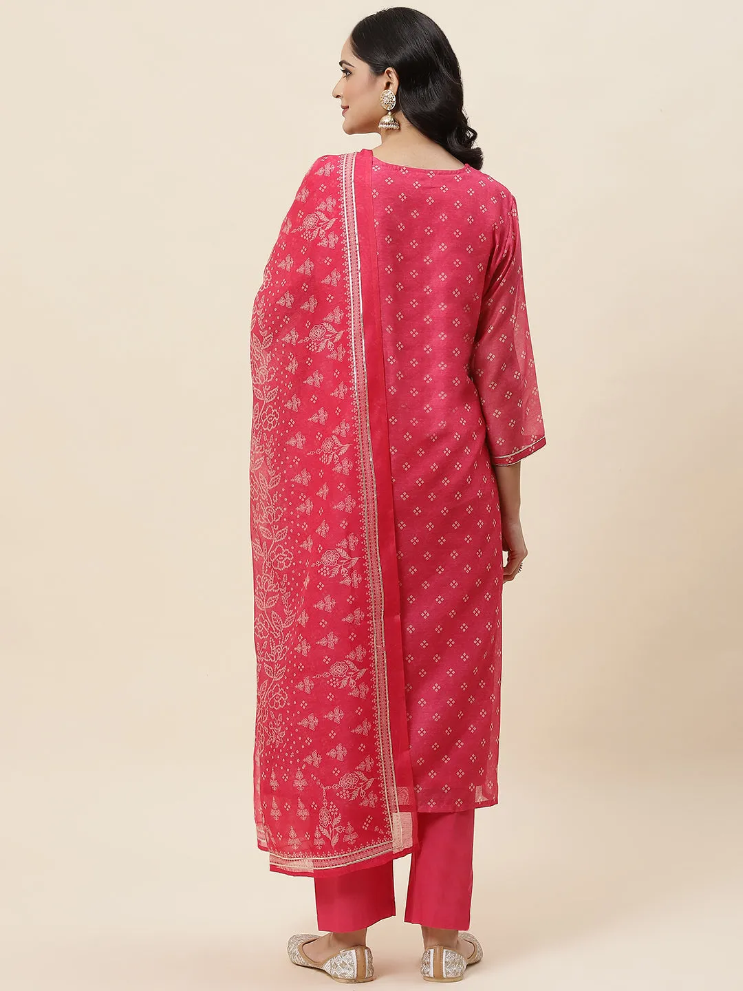 Bandhani Printed Chanderi Kurta With Pants & Dupatta