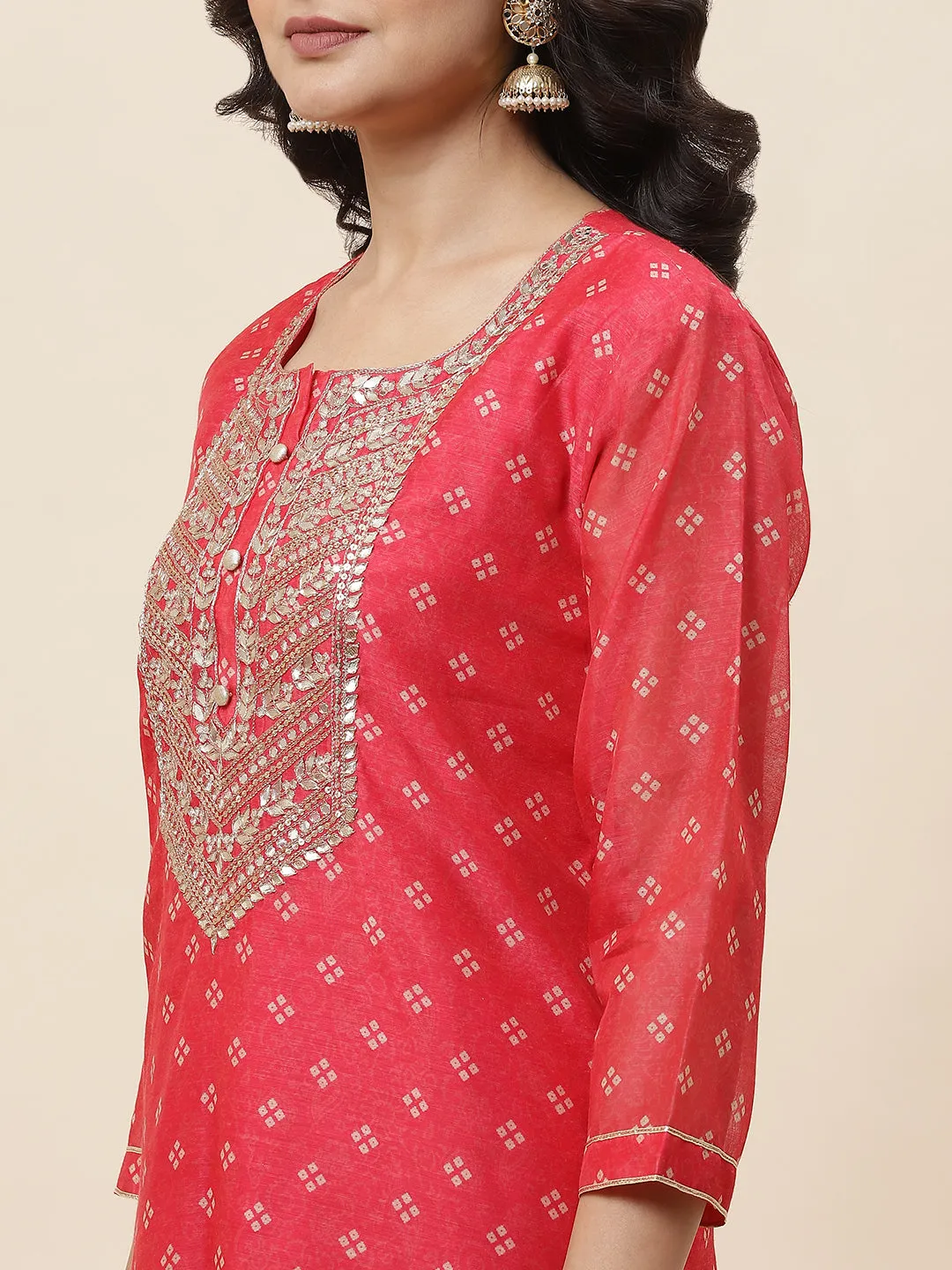 Bandhani Printed Chanderi Kurta With Pants & Dupatta