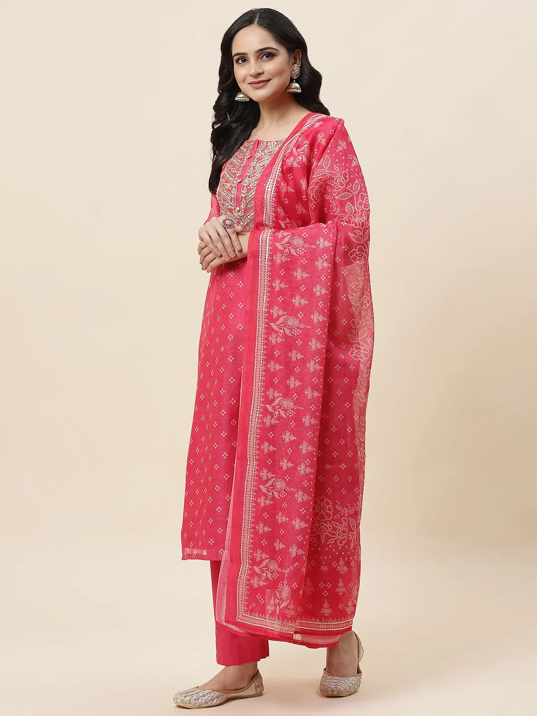 Bandhani Printed Chanderi Kurta With Pants & Dupatta