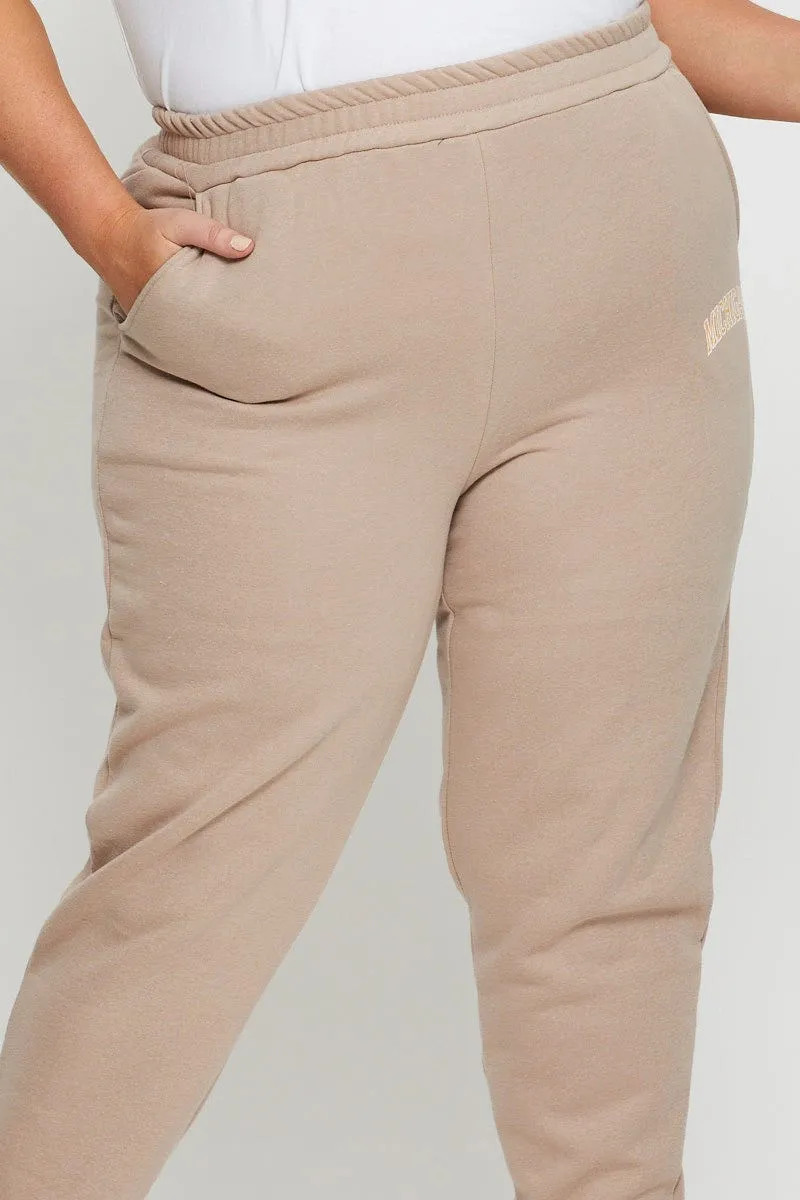 Beige Track Pants High Rise Elastic Waist