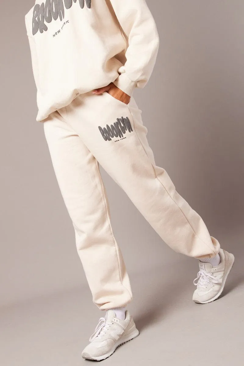 Beige Track Pants High Rise