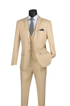 Beige Trimmed Lapel Slim Fit 3 Piece Suit