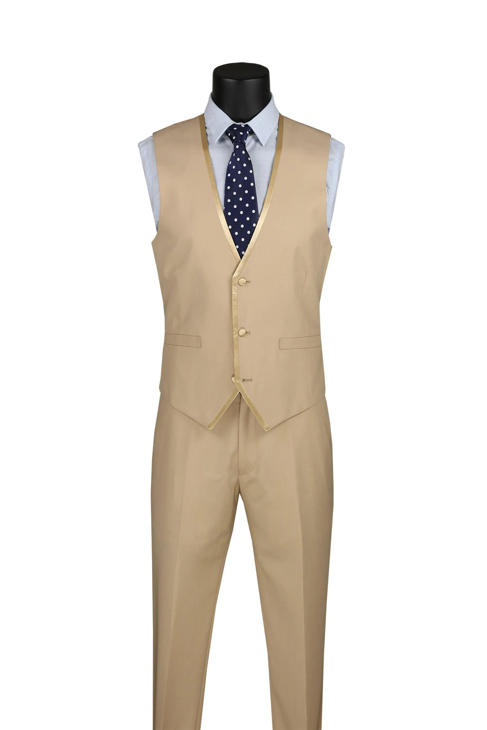 Beige Trimmed Lapel Slim Fit 3 Piece Suit