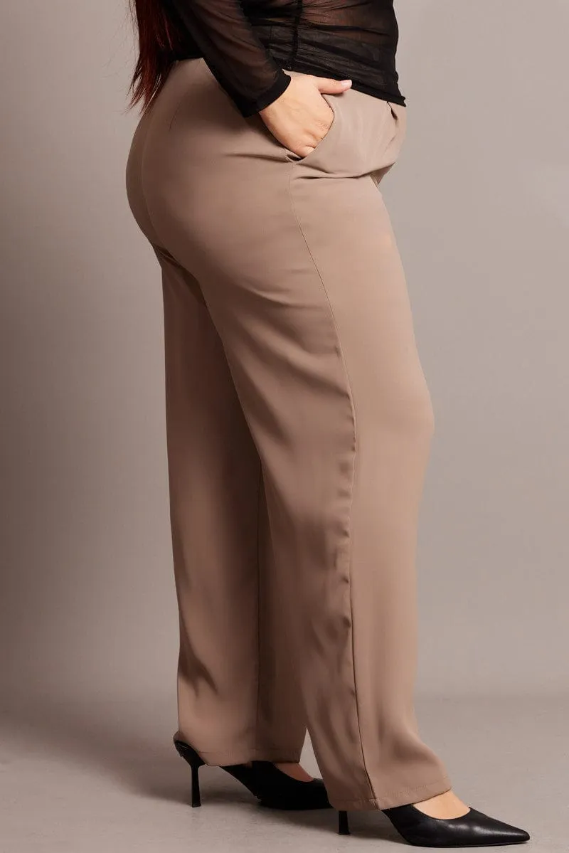 Beige Wide Leg Pants High Rise