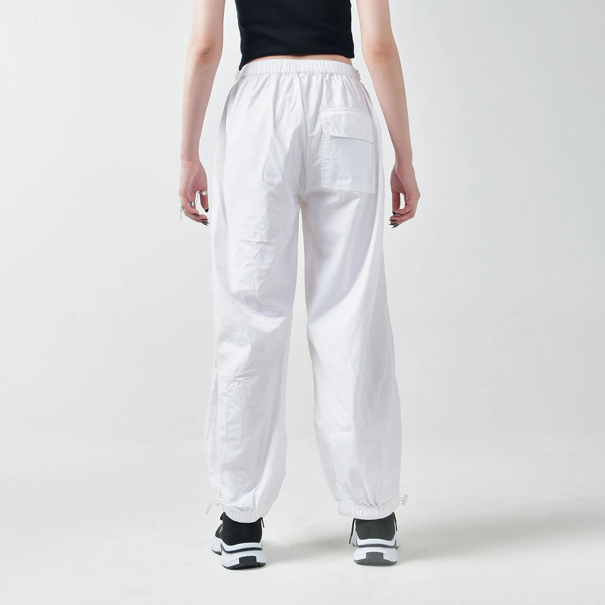 Black Buckle Top & White Parachute Pants