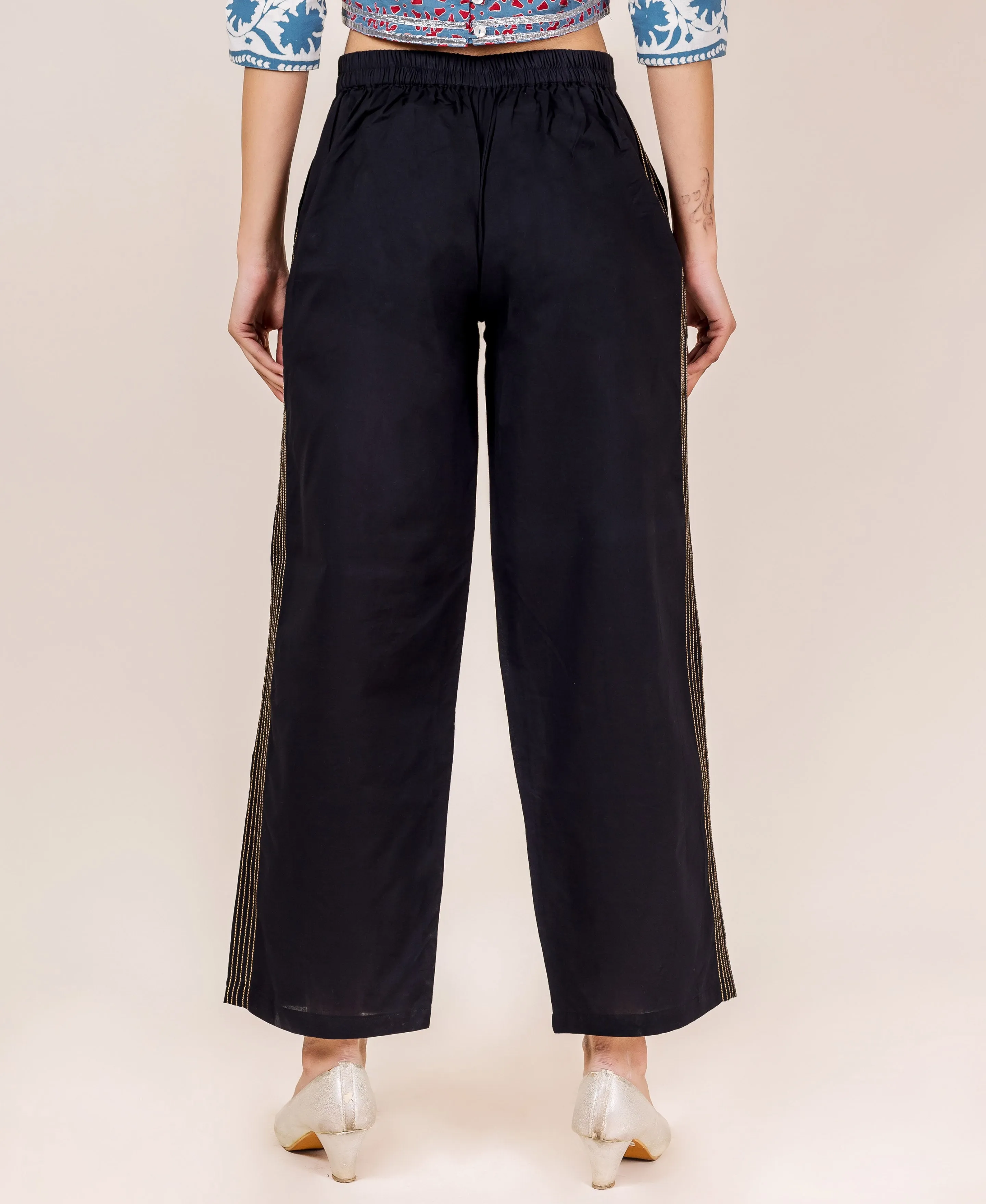 Black Cotton Embroidered Palazzo Pants