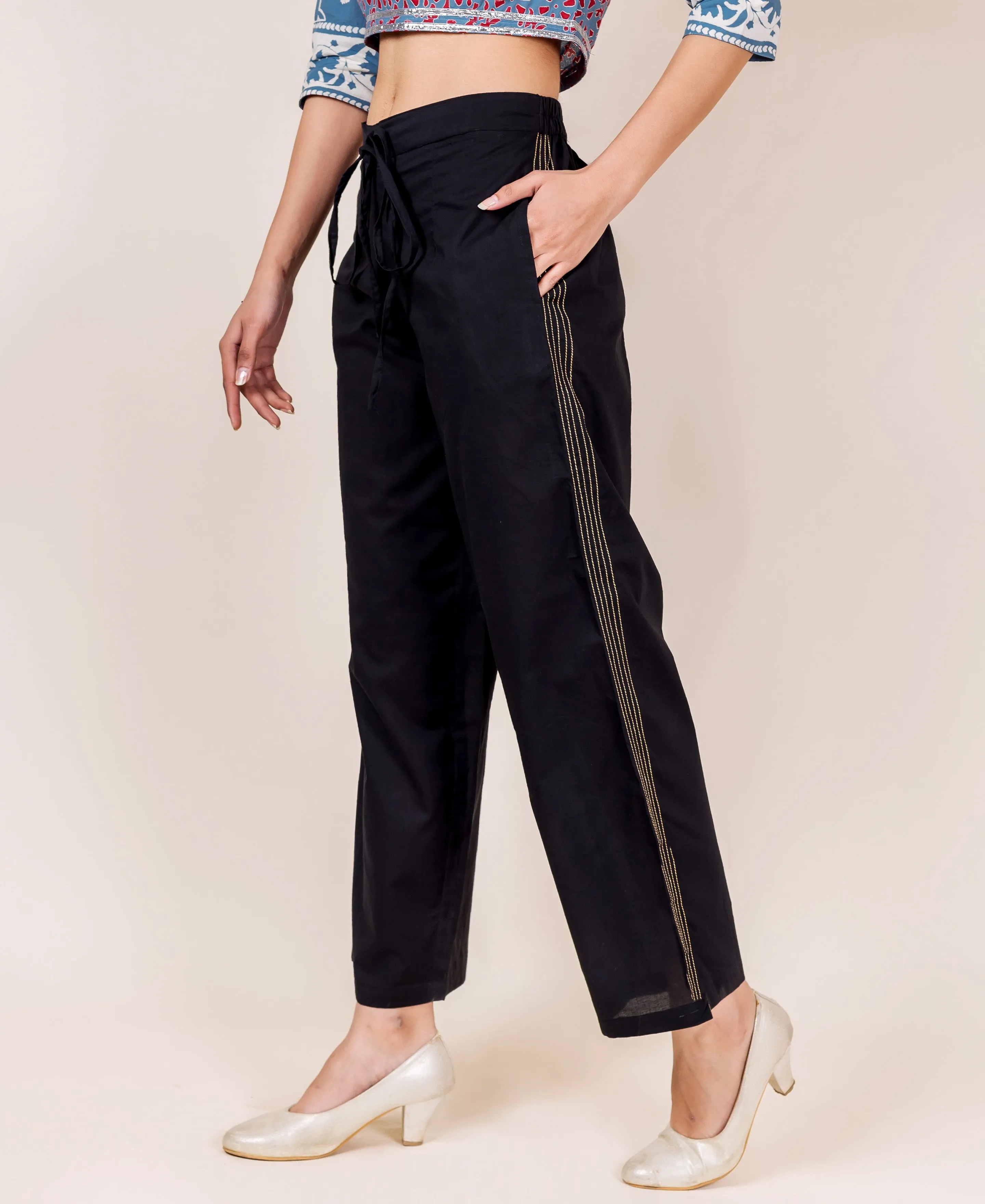 Black Cotton Embroidered Palazzo Pants