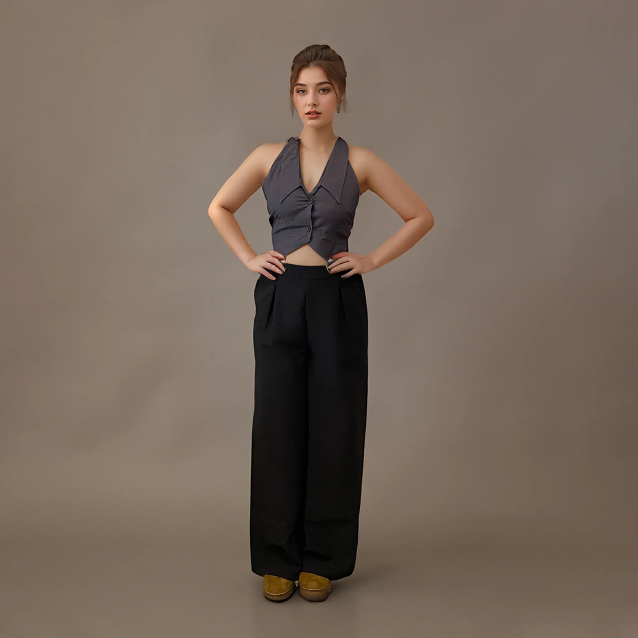 Black Korean Pants & Grey Waistcoat Set