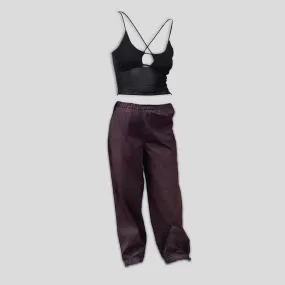 Black Mesh Top & Brown Parachute Pants