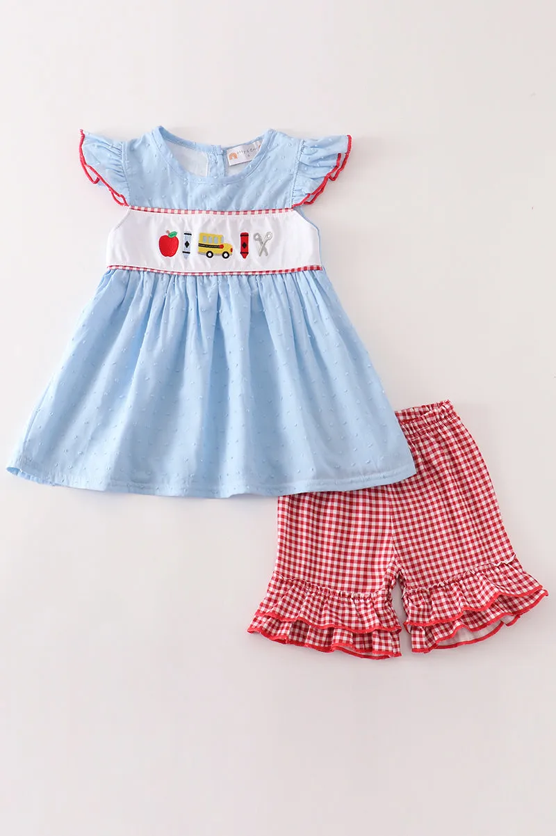 Blue apple embroidery swiss dot girl set