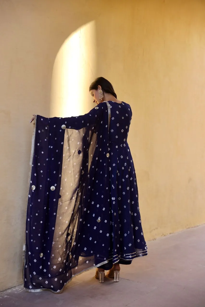 Blue handcrafted bhandhej anarkali