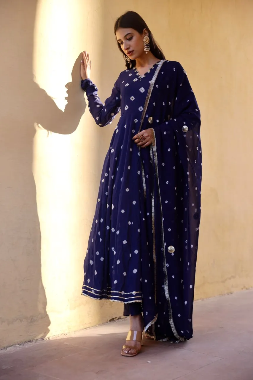 Blue handcrafted bhandhej anarkali