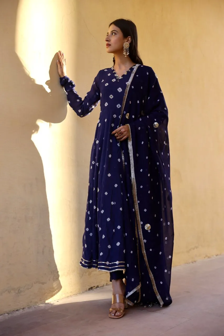 Blue handcrafted bhandhej anarkali