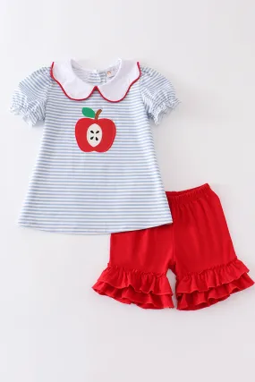 Blue stripe apple applique girl set