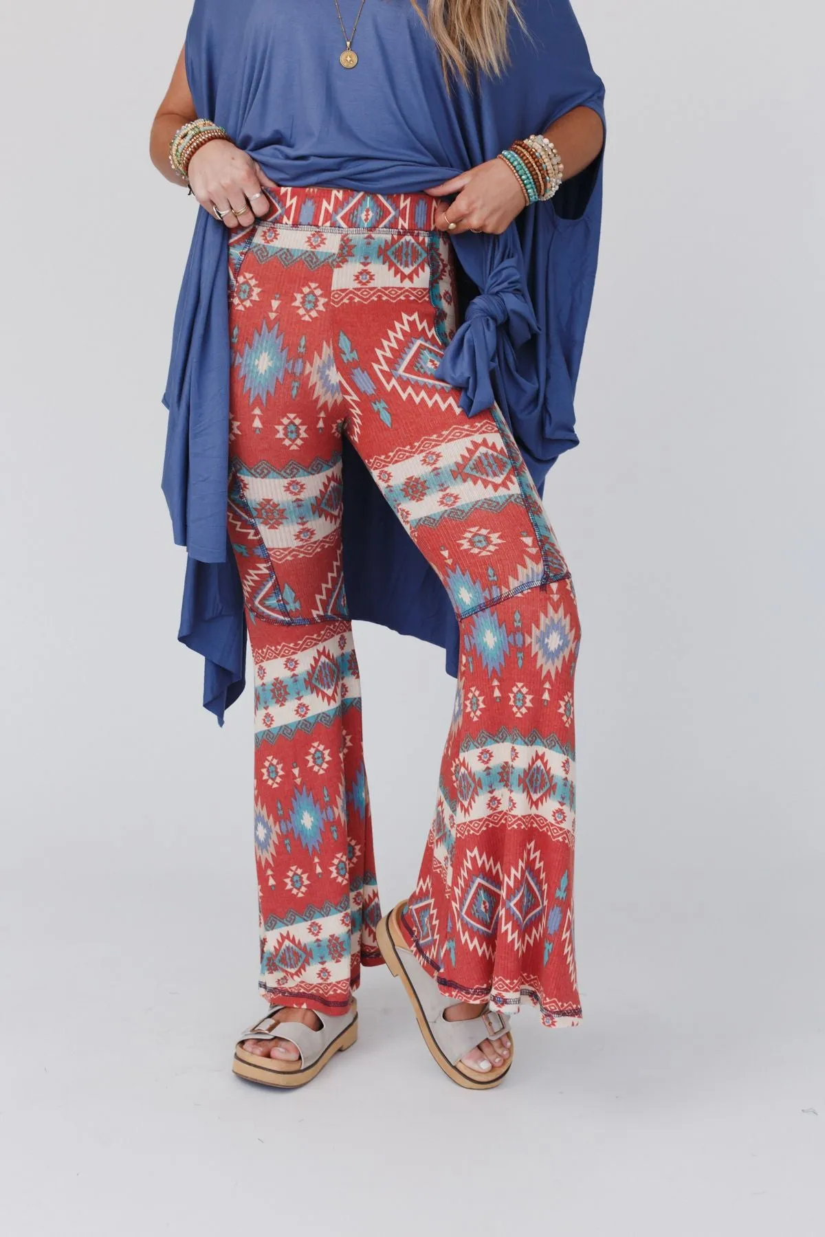 Boho Bliss Ribbed Flare Pants - Rust