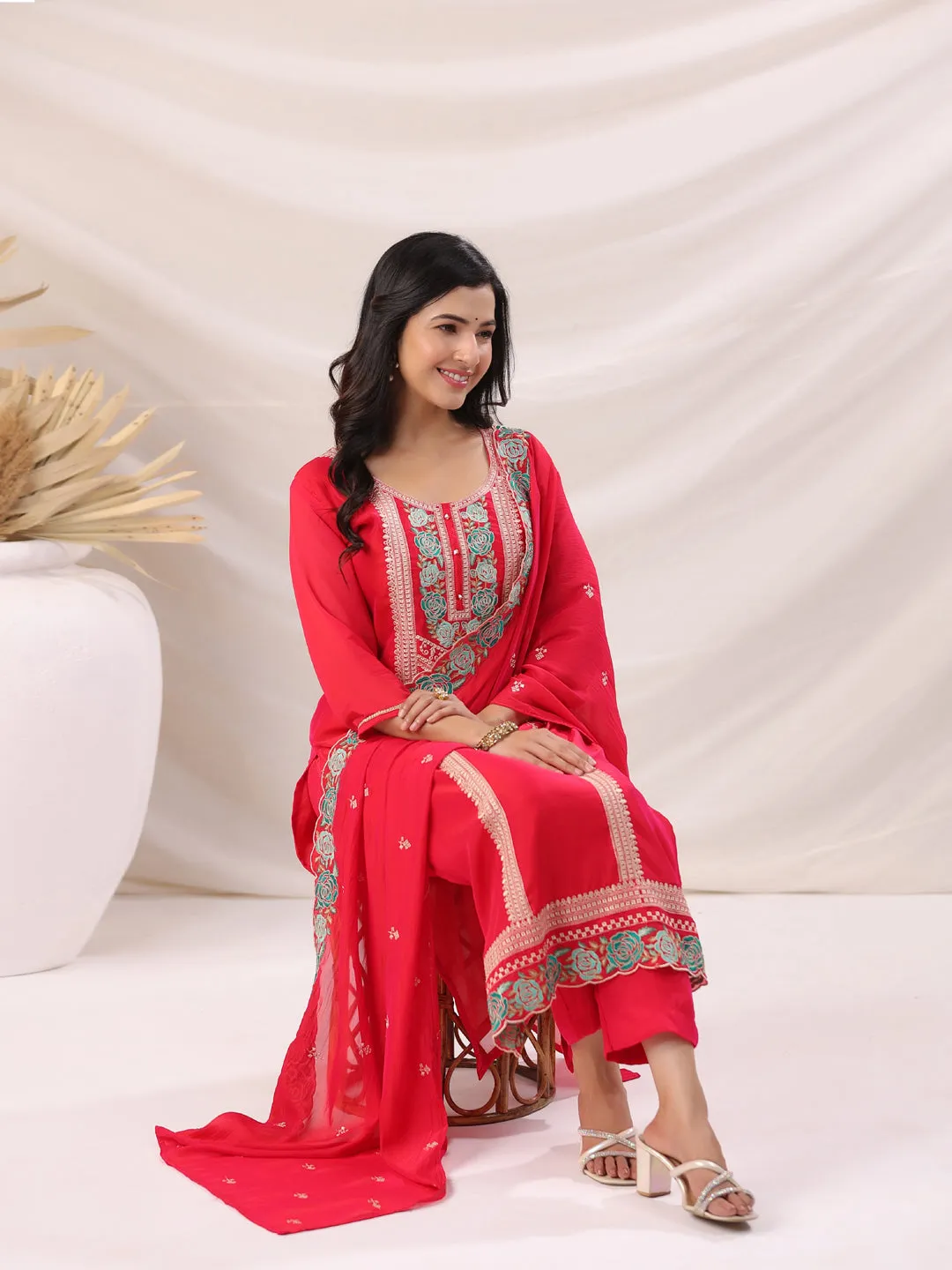 Bright Pink Silk Blend Embroidered Kurta Pant Set