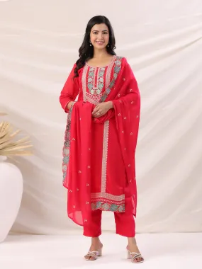 Bright Pink Silk Blend Embroidered Kurta Pant Set