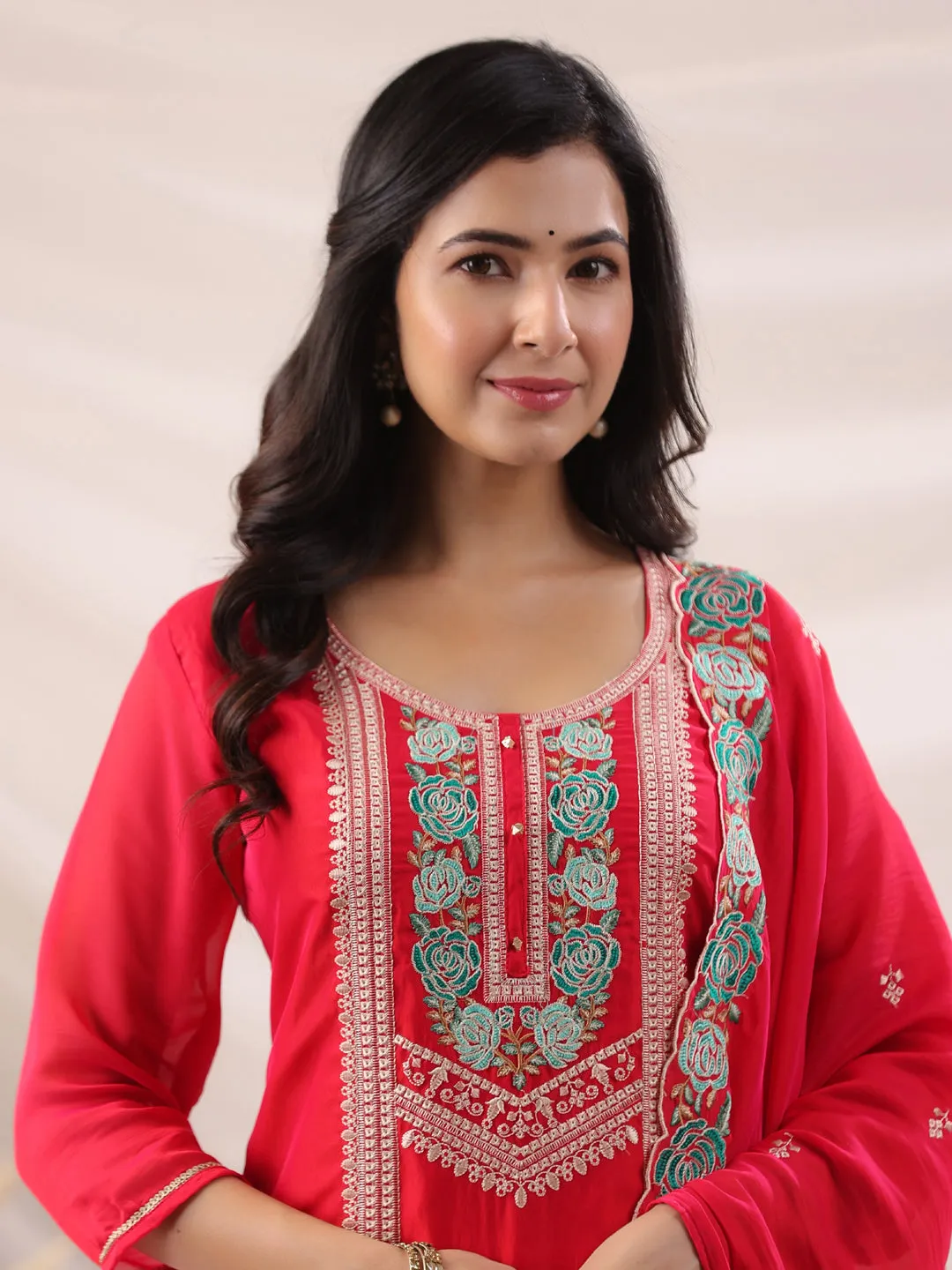 Bright Pink Silk Blend Embroidered Kurta Pant Set