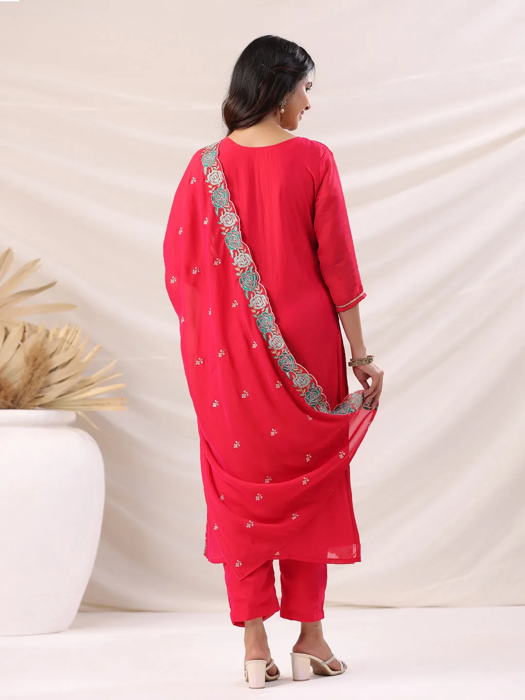 Bright Pink Silk Blend Embroidered Kurta Pant Set