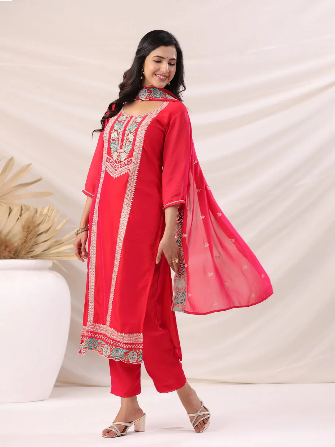 Bright Pink Silk Blend Embroidered Kurta Pant Set