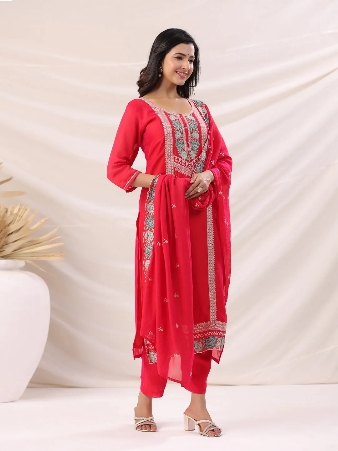 Bright Pink Silk Blend Embroidered Kurta Pant Set