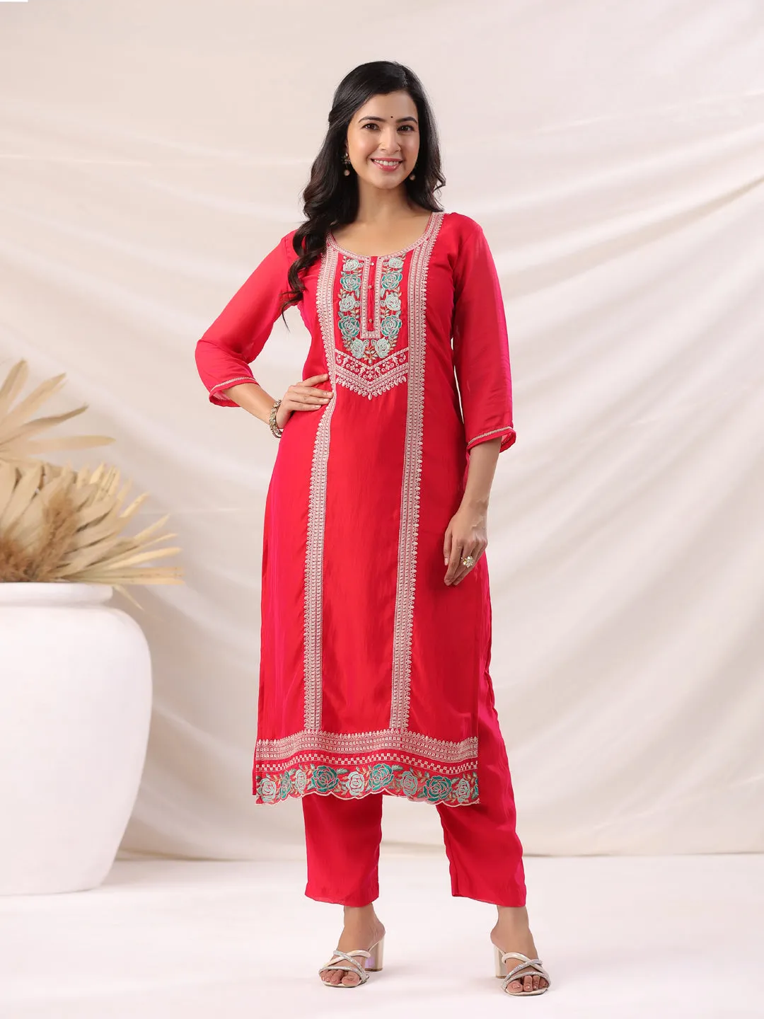 Bright Pink Silk Blend Embroidered Kurta Pant Set