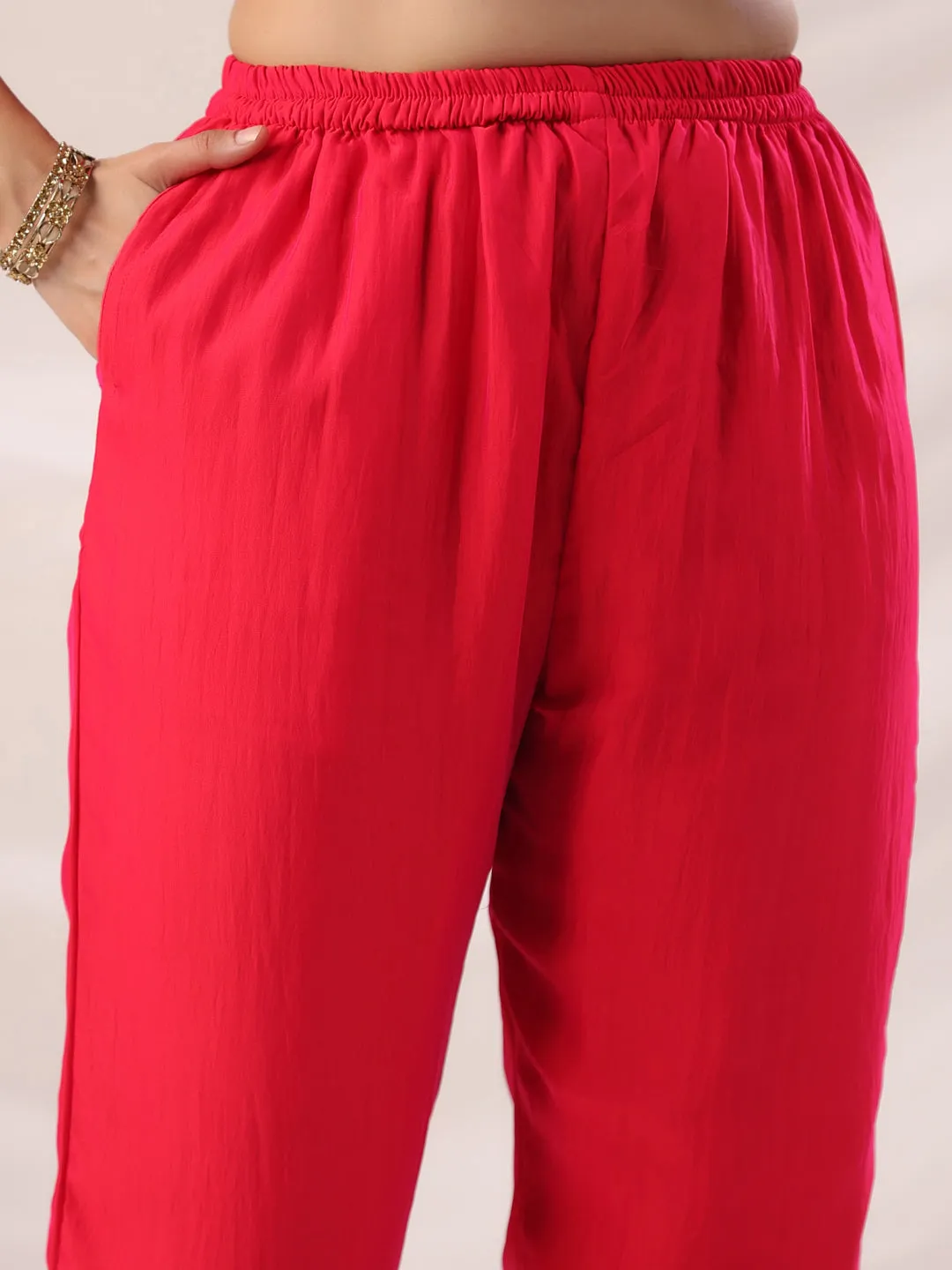 Bright Pink Silk Blend Embroidered Kurta Pant Set