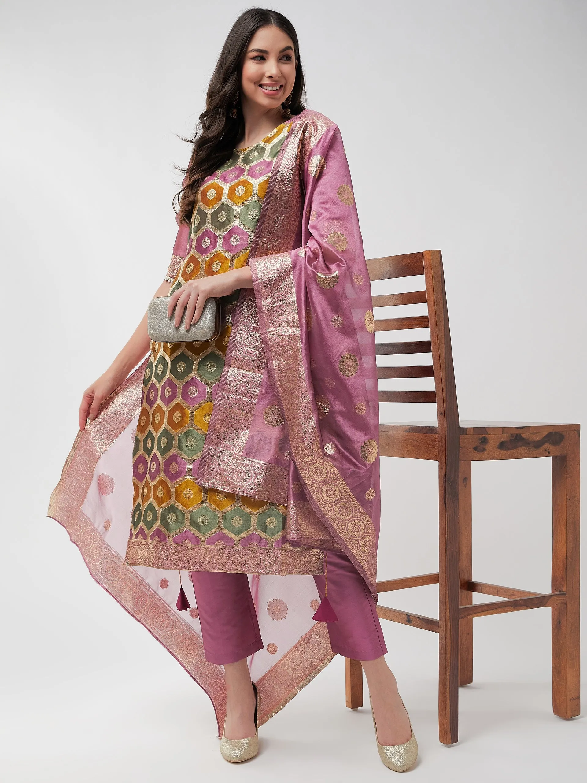 Brocade Jacquard Festive Kurta With Dupatta And Matching Pants