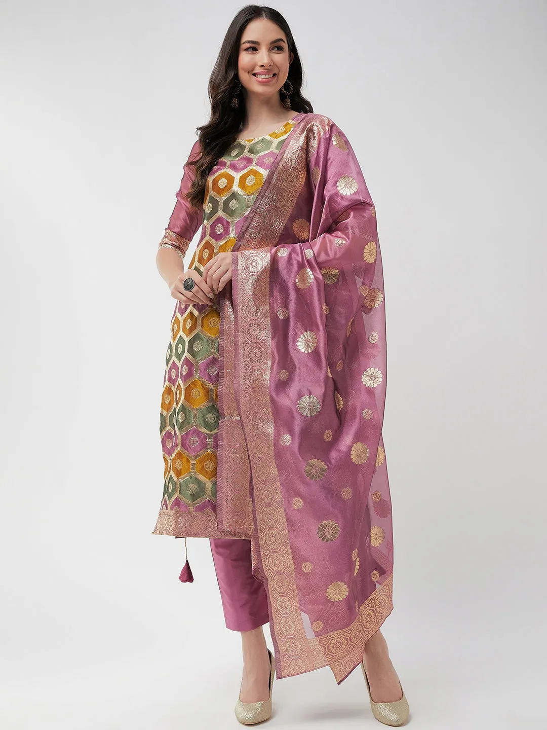 Brocade Jacquard Festive Kurta With Dupatta And Matching Pants