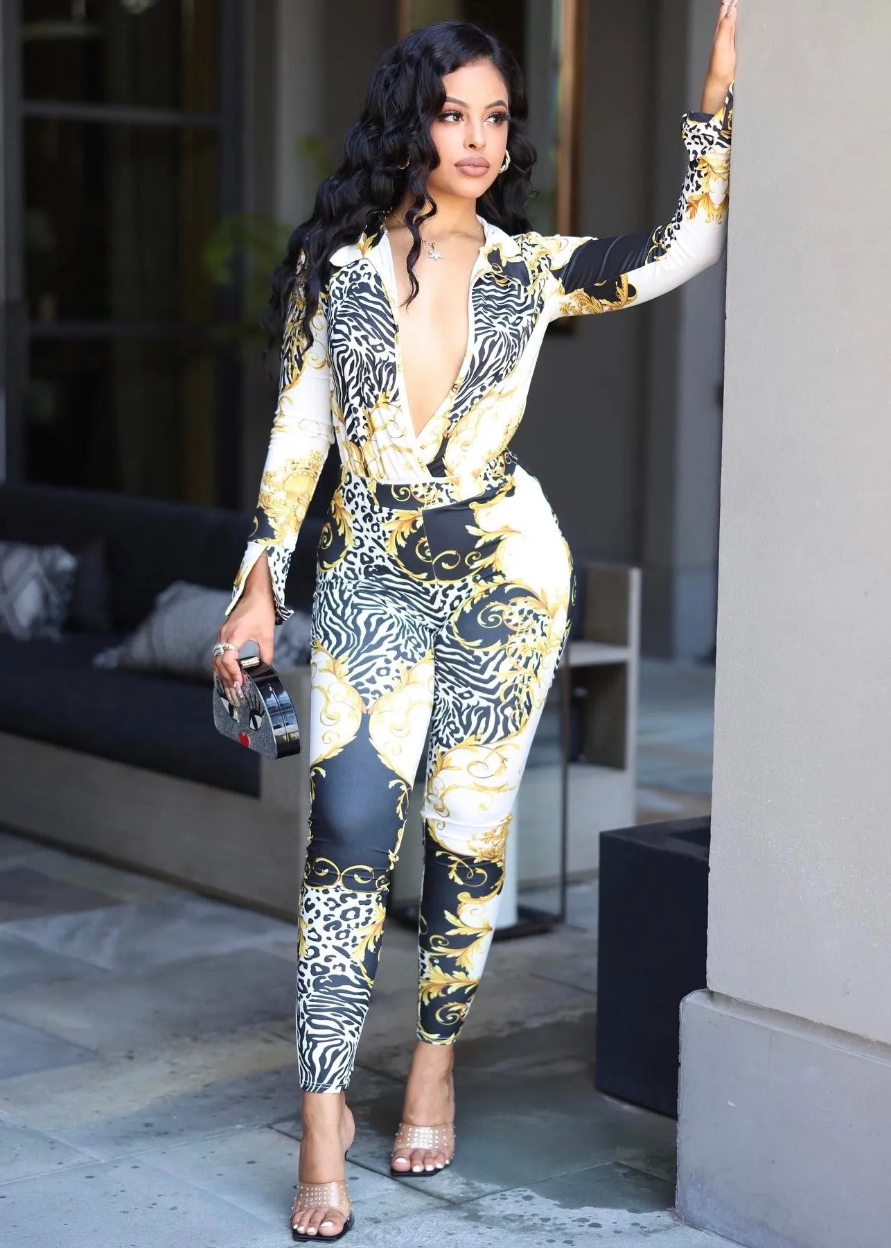 Carney Printed Bodysuit and Pants Two Piece Set